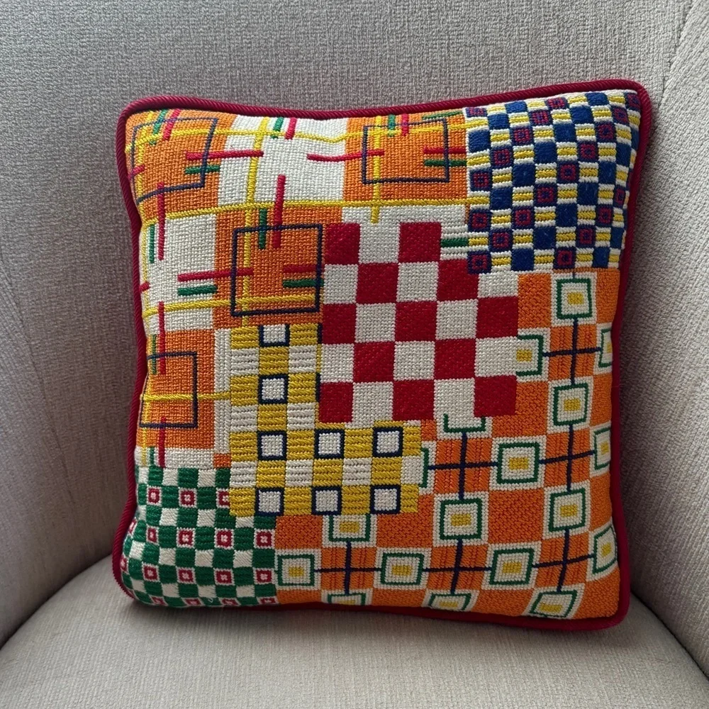 Needlepoint pillow colorful avantgarde abstract shapes checkered handmade square